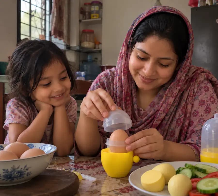 Mother and daughter making a golden egg
